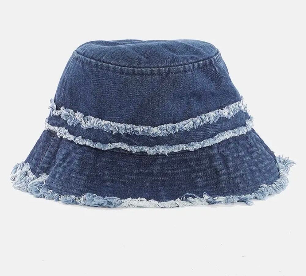Fame Accessories Denim Fringe Trim Bucket Hat Dark Wash NWT